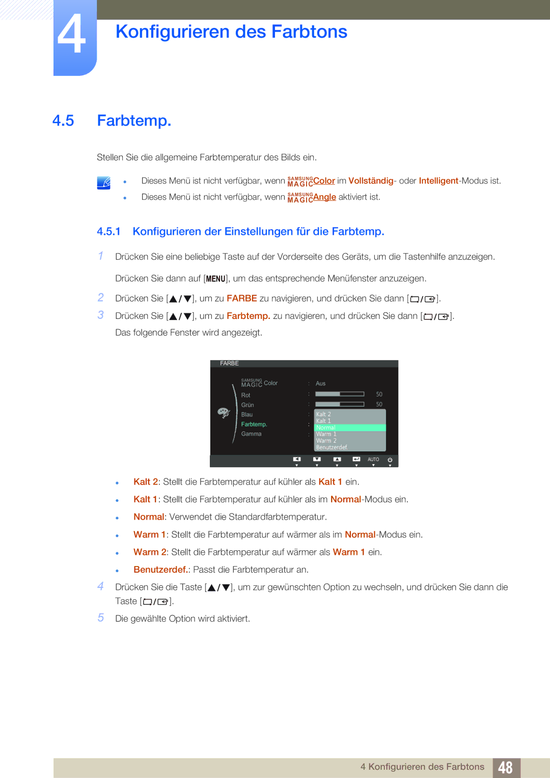 Samsung LS22B220BWV/EN manual Konfigurieren der Einstellungen für die Farbtemp 