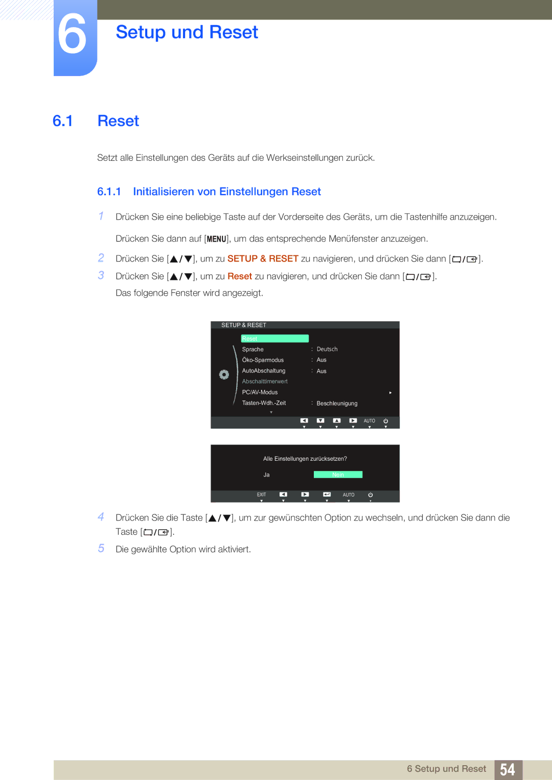 Samsung LS22B220BWV/EN manual Setup und Reset, Initialisieren von Einstellungen Reset 