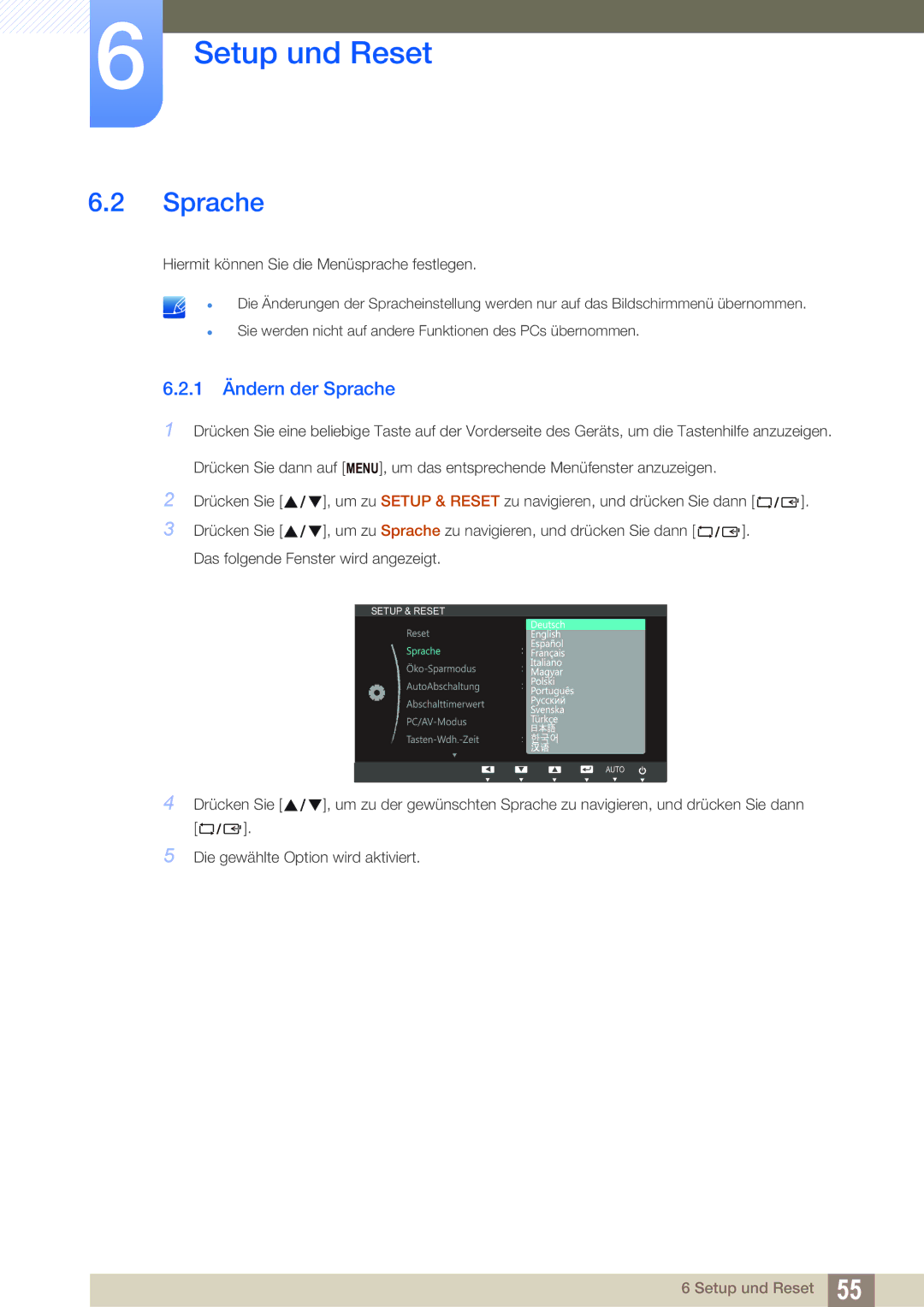 Samsung LS22B220BWV/EN manual 1 Ändern der Sprache 