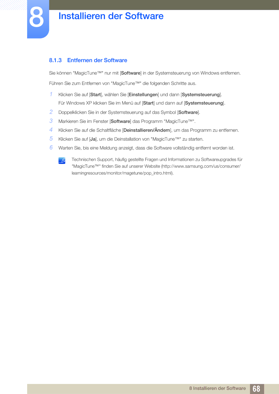 Samsung LS22B220BWV/EN manual Installieren der Software, Entfernen der Software 