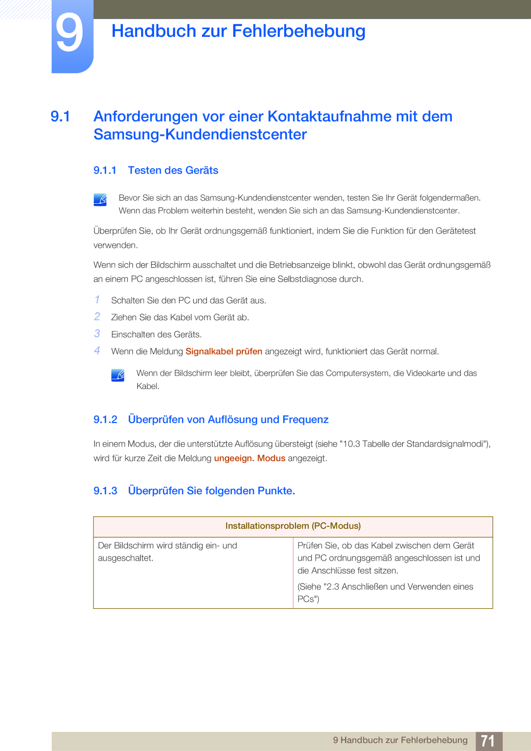 Samsung LS22B220BWV/EN manual Handbuch zur Fehlerbehebung, Testen des Geräts, 2 Überprüfen von Auflösung und Frequenz 