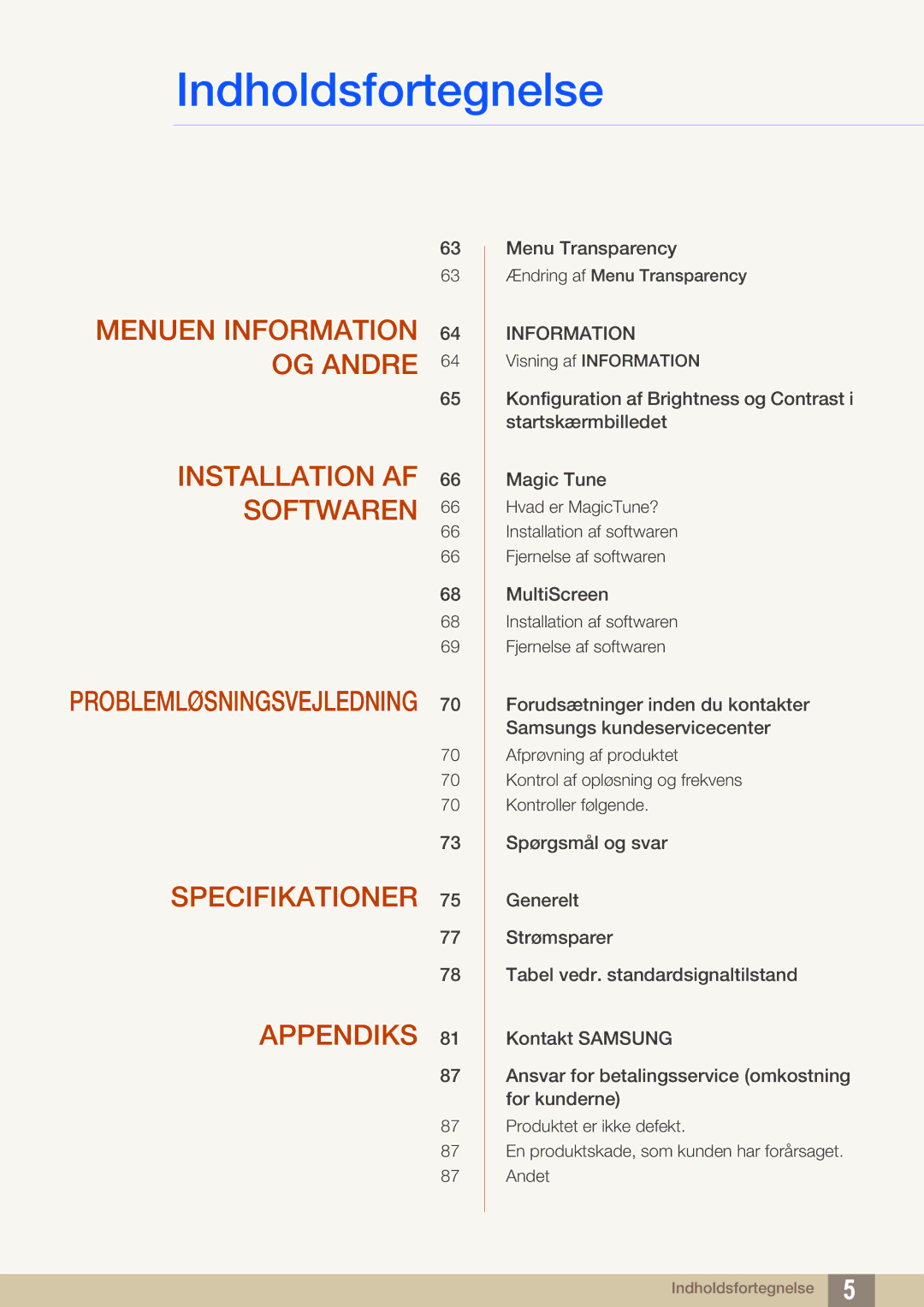 Samsung LS22B220BWV/EN manual Menuen Information 64 OG Andre Installation AF Softwaren 