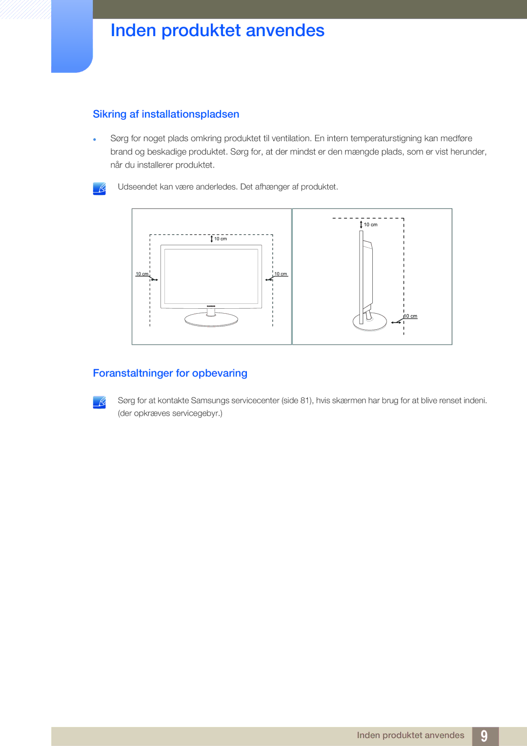 Samsung LS22B220BWV/EN manual Sikring af installationspladsen, Foranstaltninger for opbevaring 