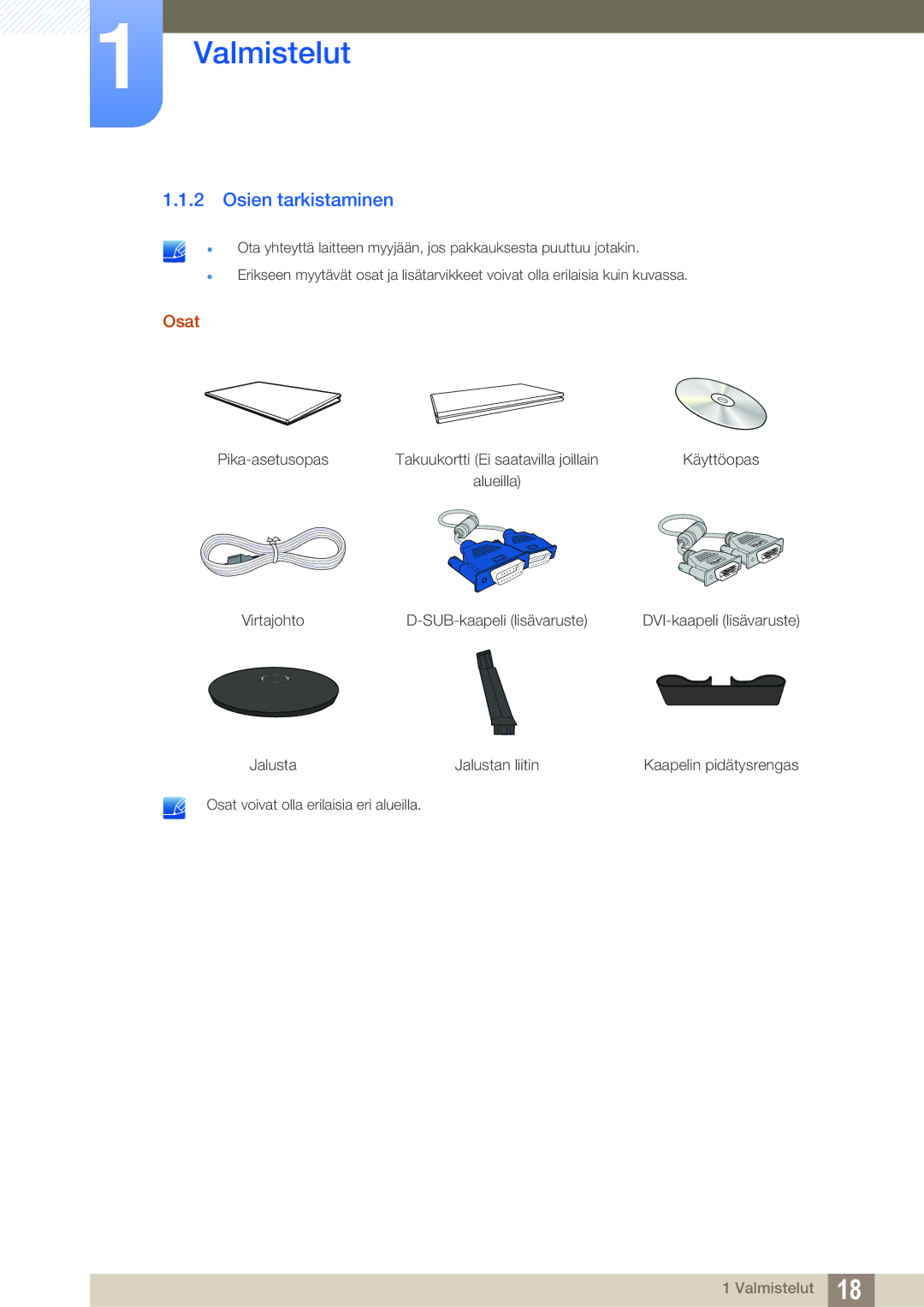 Samsung LS22B220BWV/EN manual Osien tarkistaminen, Osat 