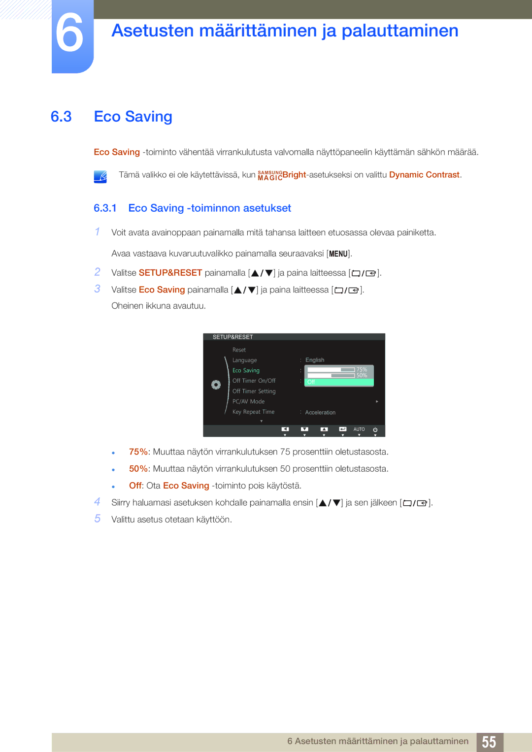 Samsung LS22B220BWV/EN manual Eco Saving -toiminnon asetukset 