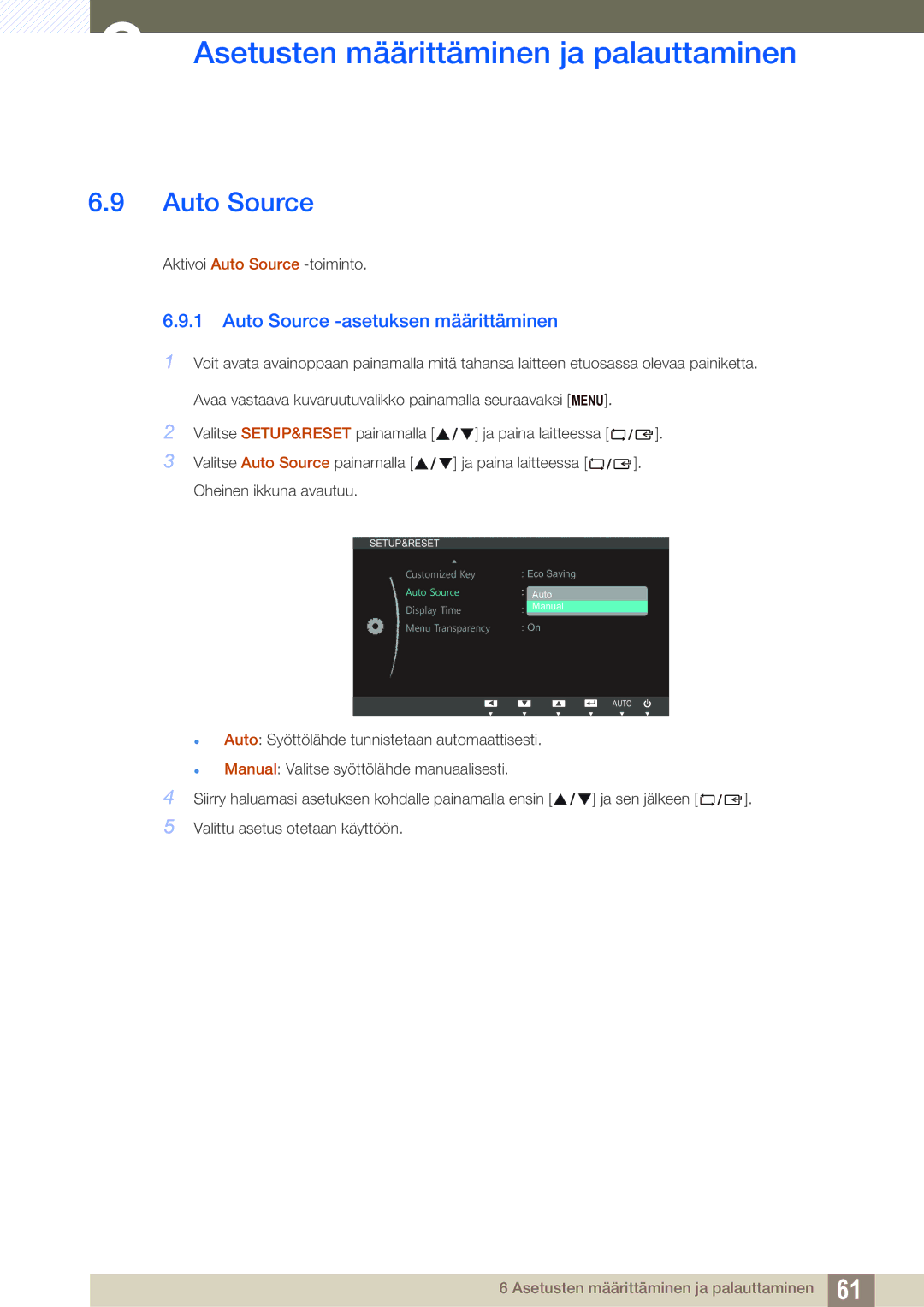 Samsung LS22B220BWV/EN manual Auto Source -asetuksen määrittäminen 