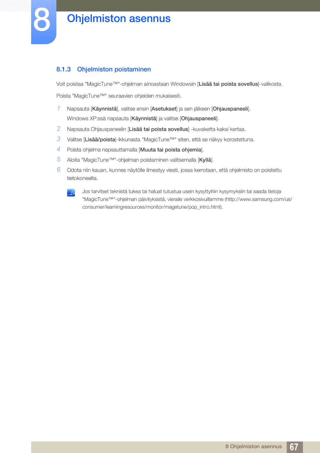 Samsung LS22B220BWV/EN manual Ohjelmiston poistaminen 