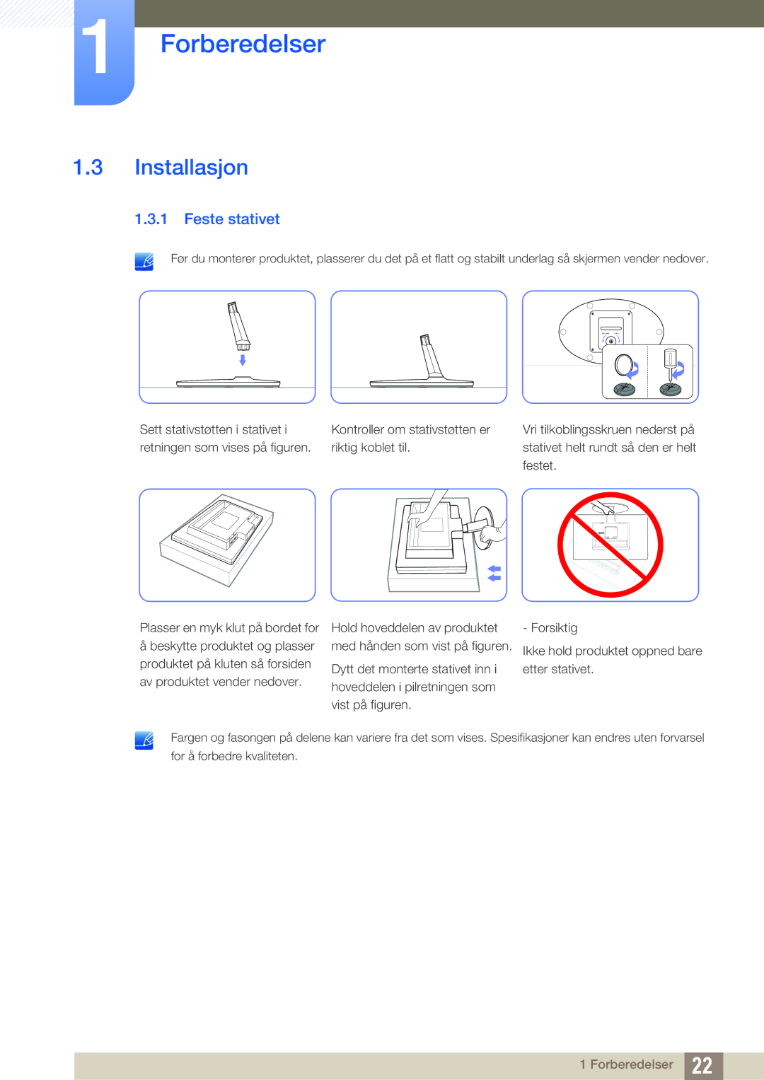 Samsung LS22B220BWV/EN manual Installasjon, Feste stativet 