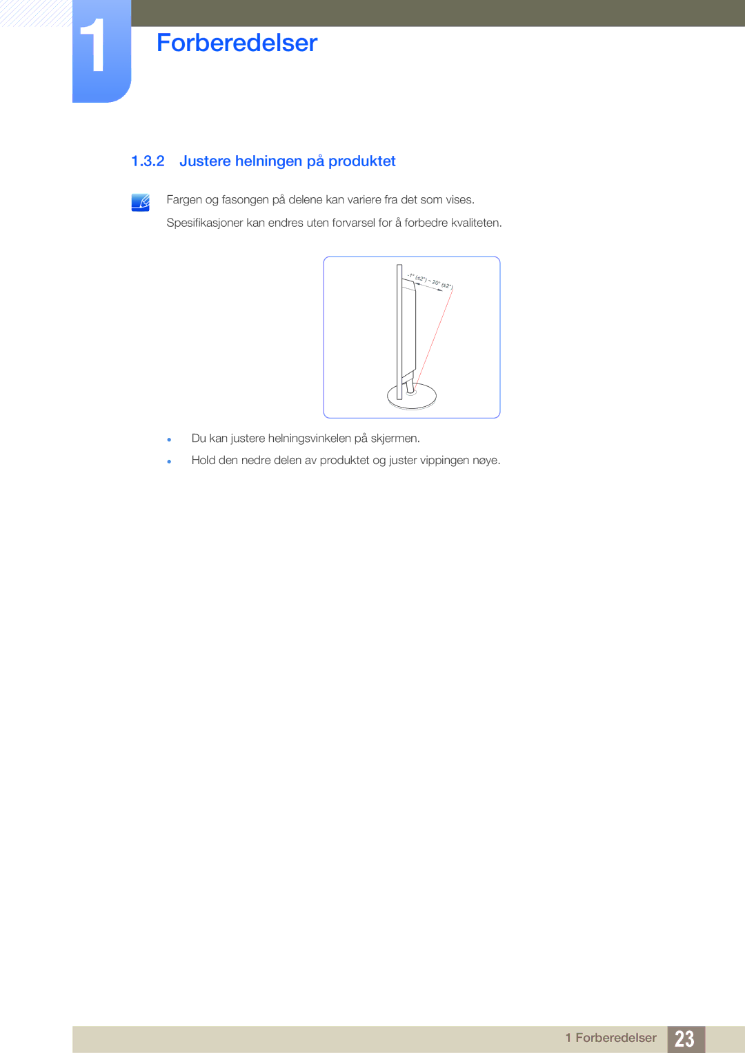 Samsung LS22B220BWV/EN manual Justere helningen på produktet 