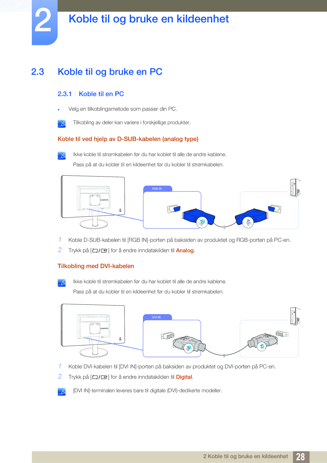 Samsung LS22B220BWV/EN manual Koble til og bruke en PC, Koble til en PC 