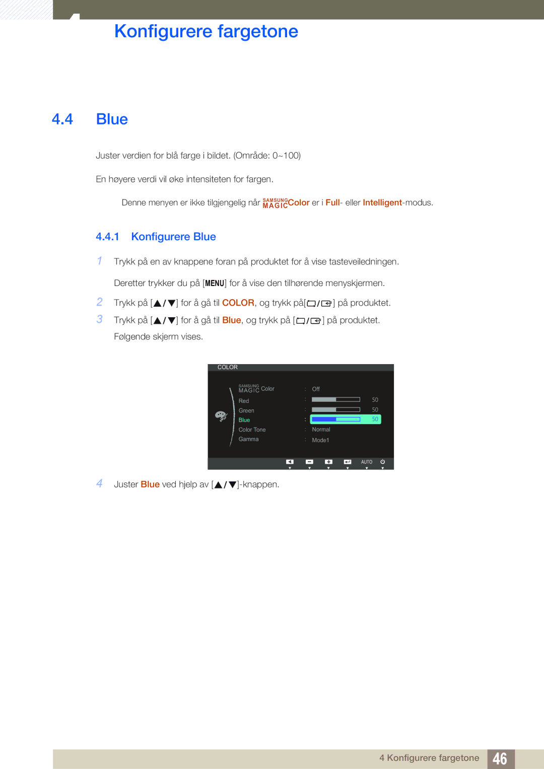 Samsung LS22B220BWV/EN manual Konfigurere Blue 