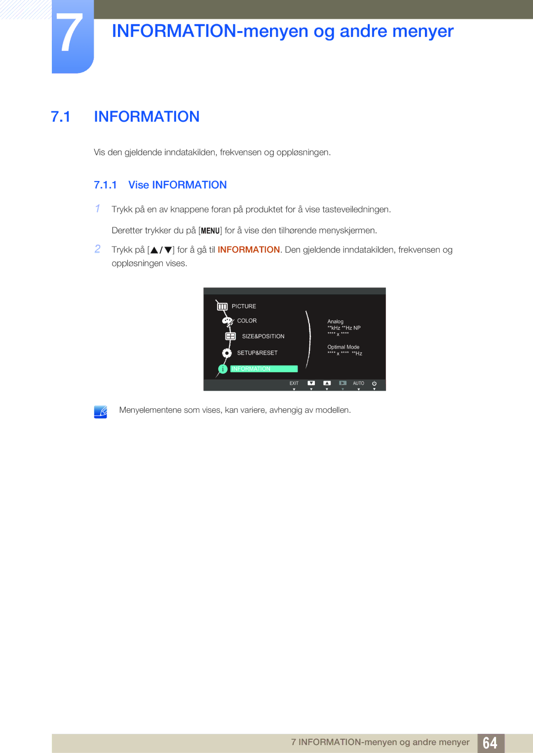 Samsung LS22B220BWV/EN manual INFORMATION-menyen og andre menyer, Vise Information 