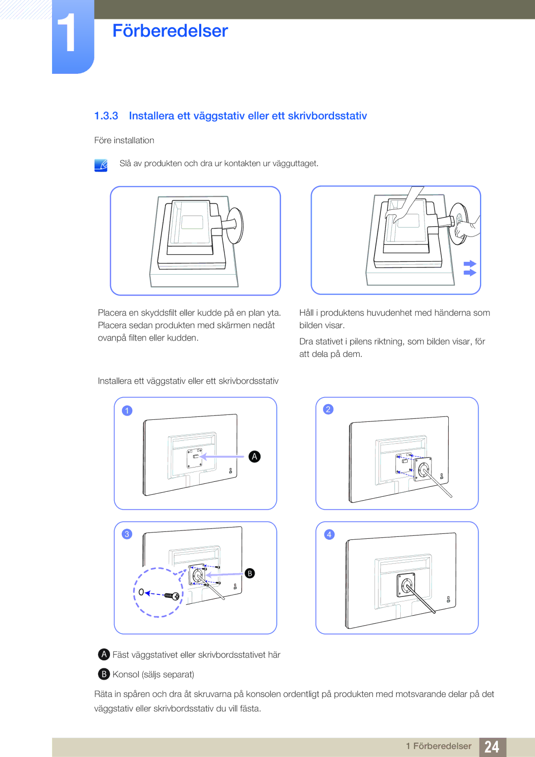 Samsung LS22B220BWV/EN manual Installera ett väggstativ eller ett skrivbordsstativ 