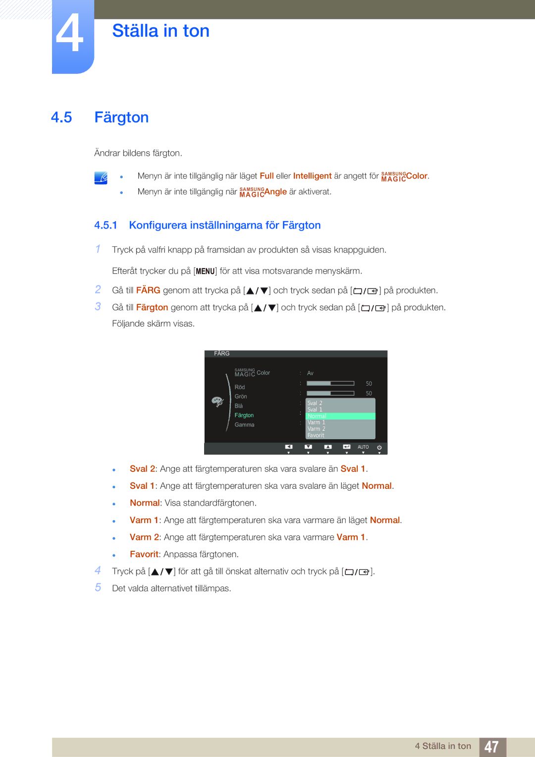 Samsung LS22B220BWV/EN manual Konfigurera inställningarna för Färgton 