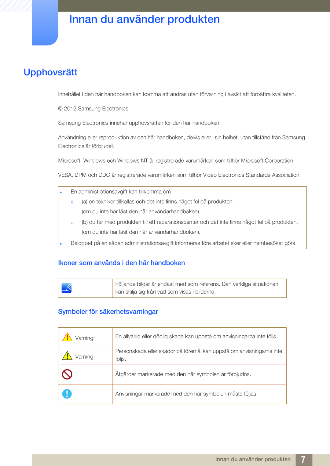 Samsung LS22B220BWV/EN manual Innan du använder produkten, Upphovsrätt, Ikoner som används i den här handboken 