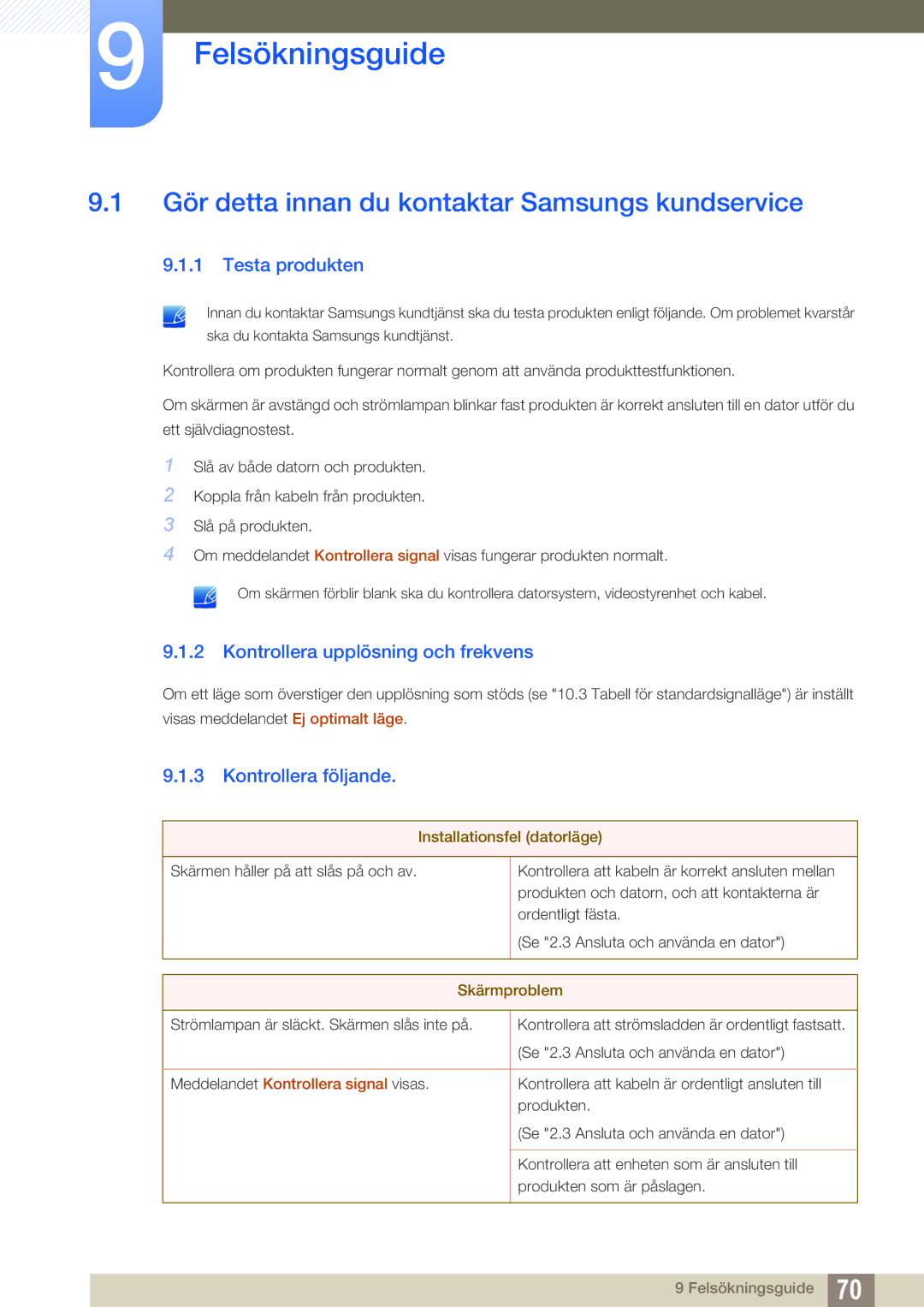 Samsung LS22B220BWV/EN manual Felsökningsguide, Gör detta innan du kontaktar Samsungs kundservice, Testa produkten 