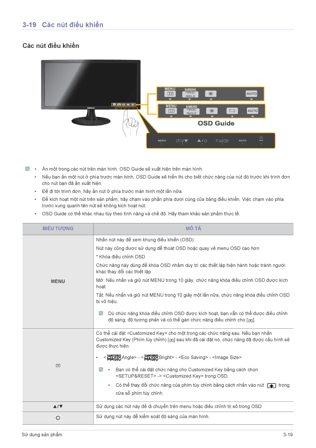 Samsung LS22B300BS/XF, LS19B300BSMXV manual 19 Các nút điều khiển, Biểu Tượng MÔ TẢ 