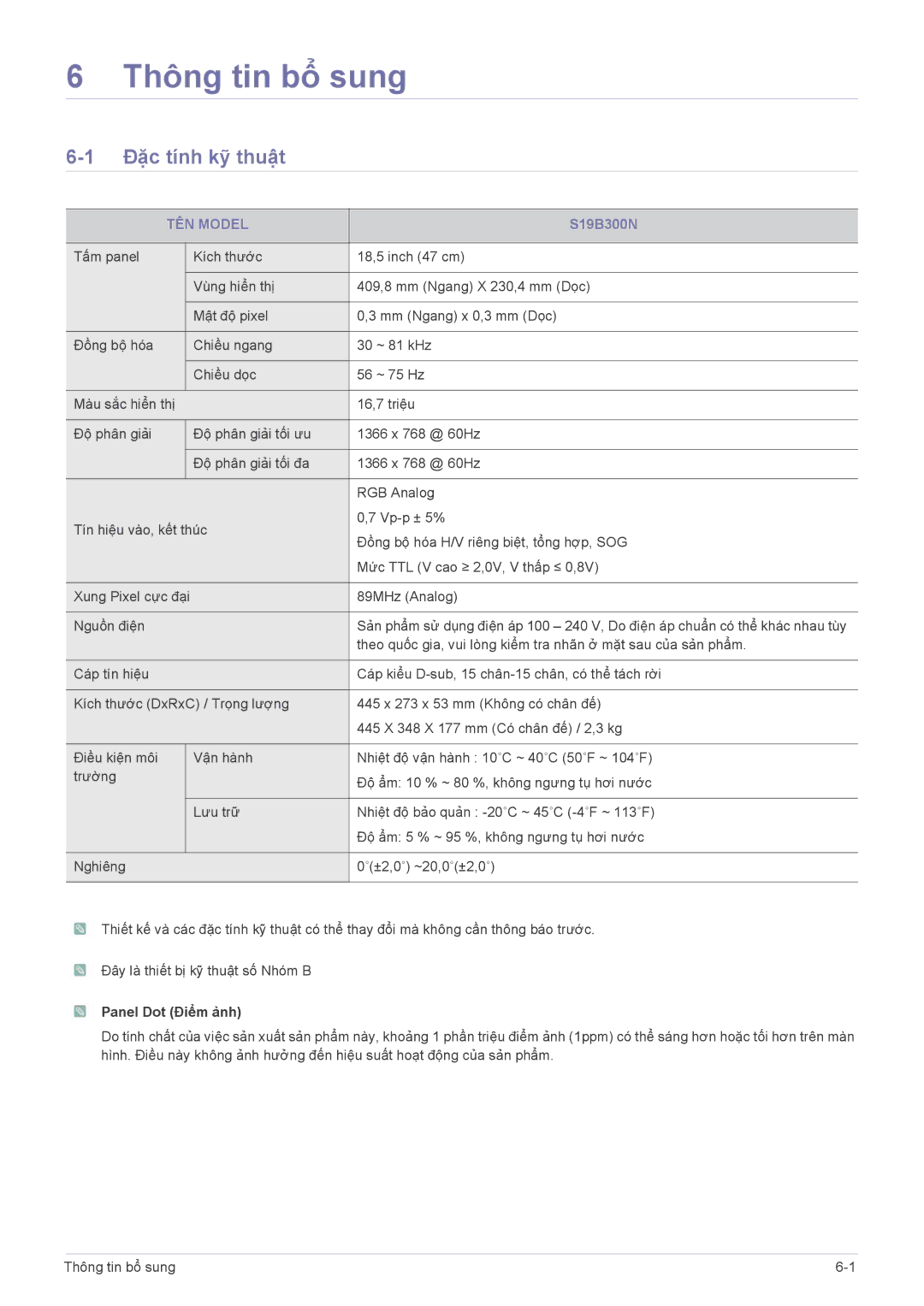 Samsung LS22B300BS/XF, LS19B300BSMXV manual Đặc tính kỹ thuật, TÊN Model, S19B300N 