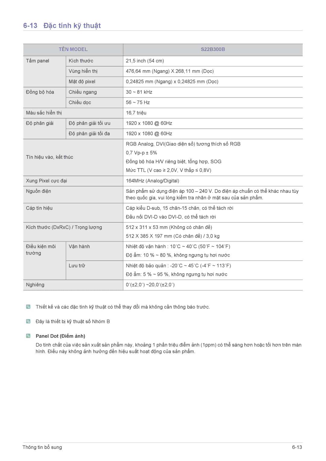 Samsung LS22B300BS/XF, LS19B300BSMXV manual 13 Đặc tính kỹ thuật 