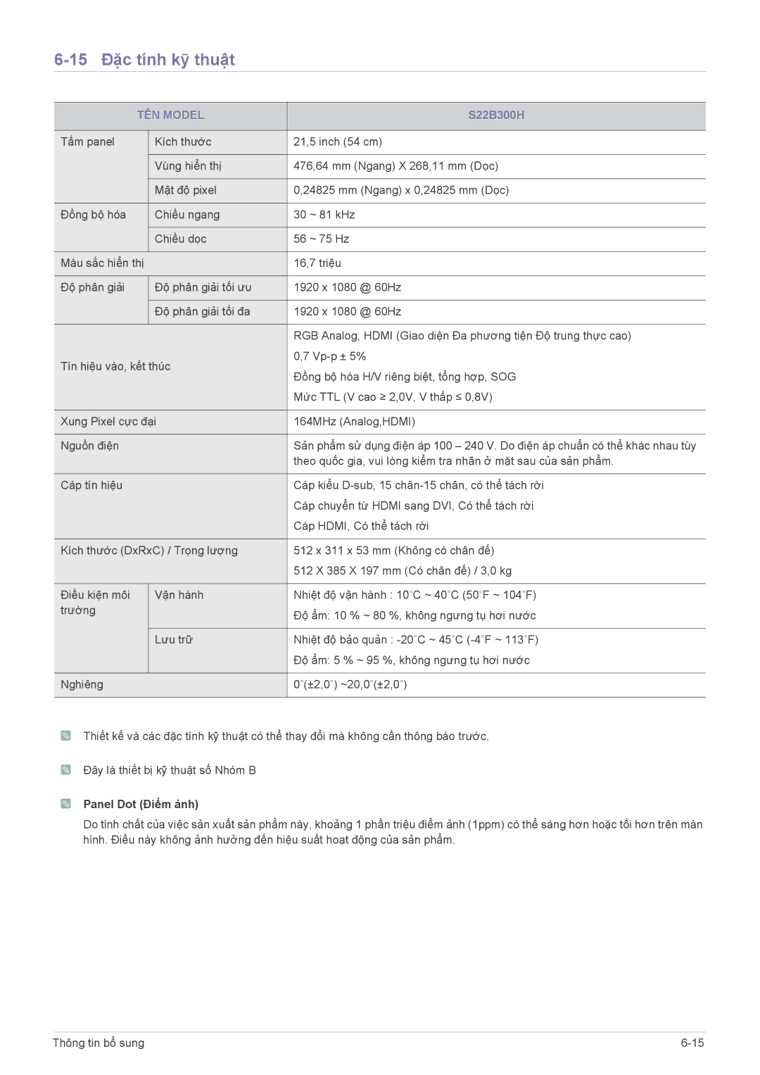 Samsung LS22B300BS/XF, LS19B300BSMXV manual 15 Đặc tính kỹ thuật, S22B300H 