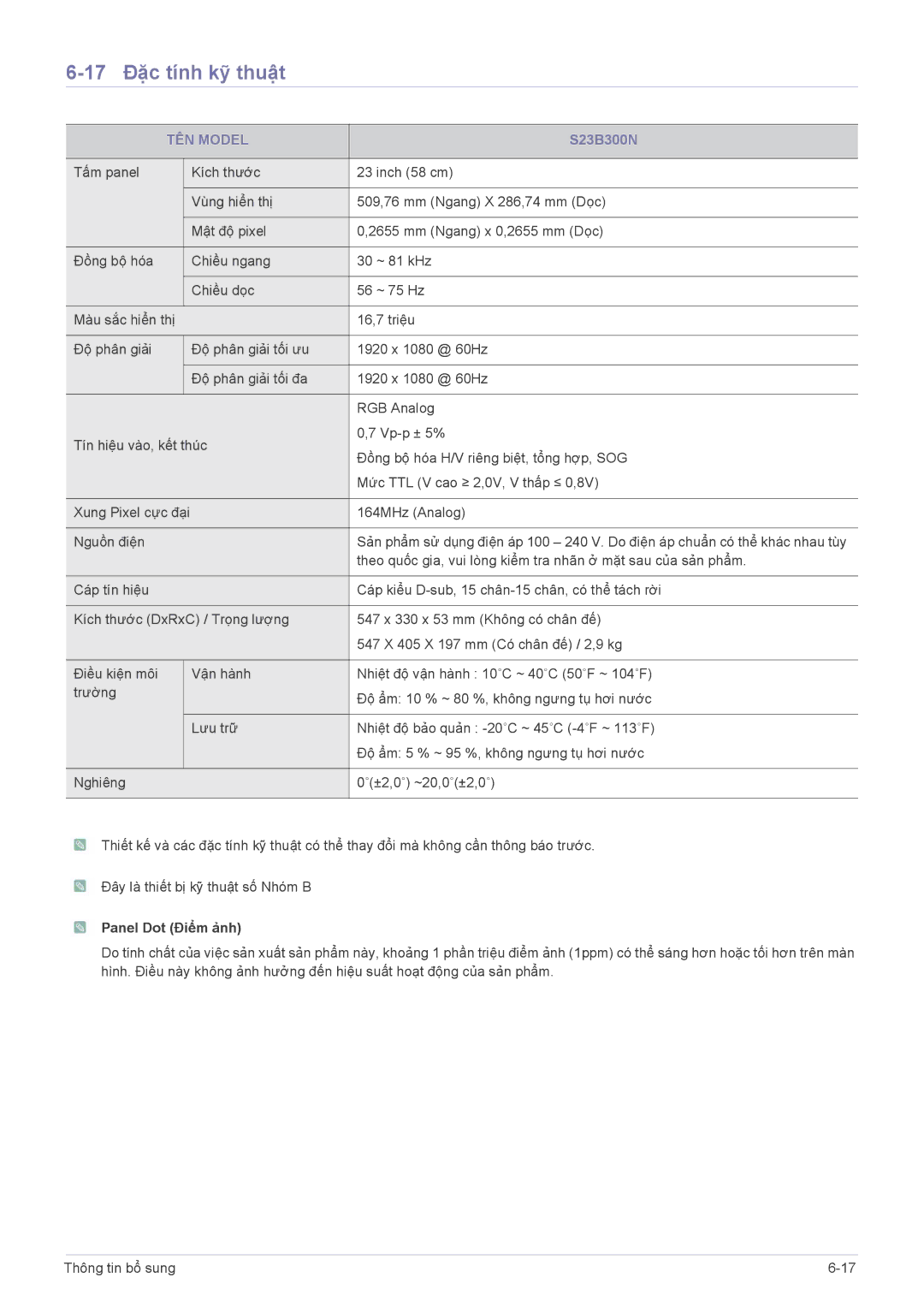 Samsung LS22B300BS/XF, LS19B300BSMXV manual 17 Đặc tính kỹ thuật, S23B300N 