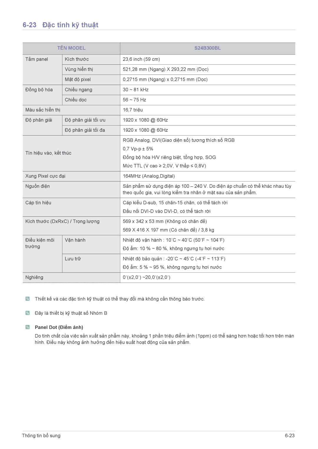 Samsung LS22B300BS/XF, LS19B300BSMXV manual 23 Đặc tính kỹ thuật, S24B300BL 