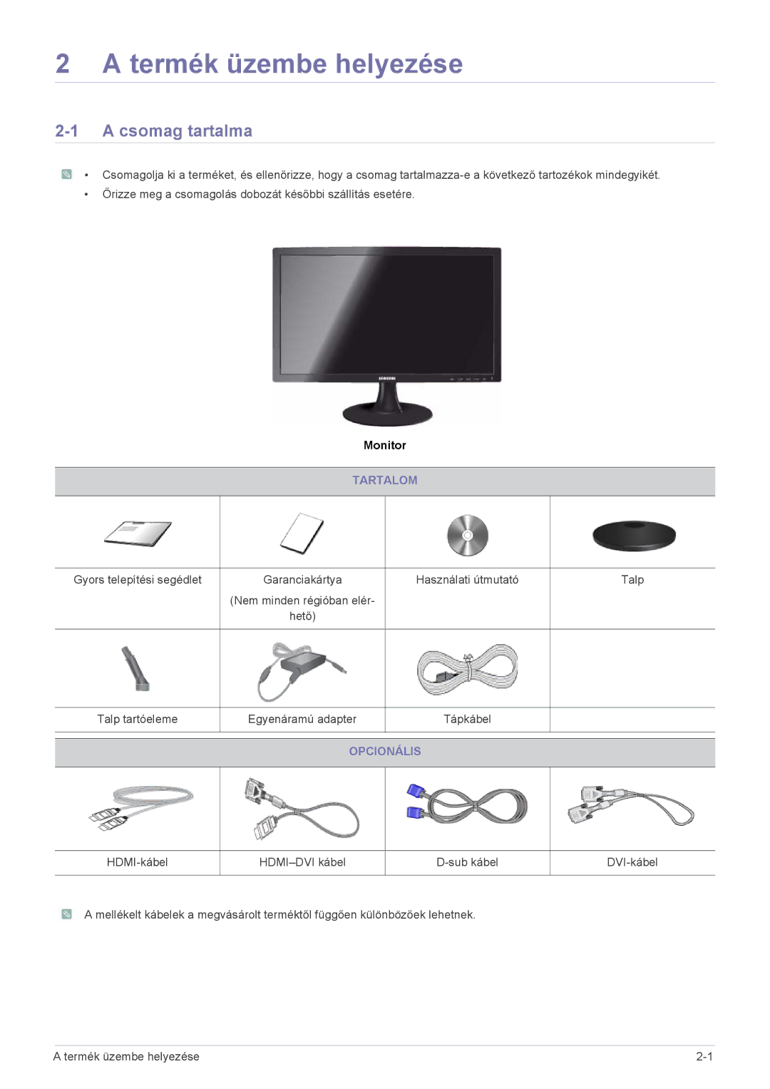 Samsung LS23B300BS/EN, LS22B300HS/EN, LS19B300NS/EN, LS22B300BS/EN, LS23B300HS/EN manual Csomag tartalma, Tartalom, Opcionális 