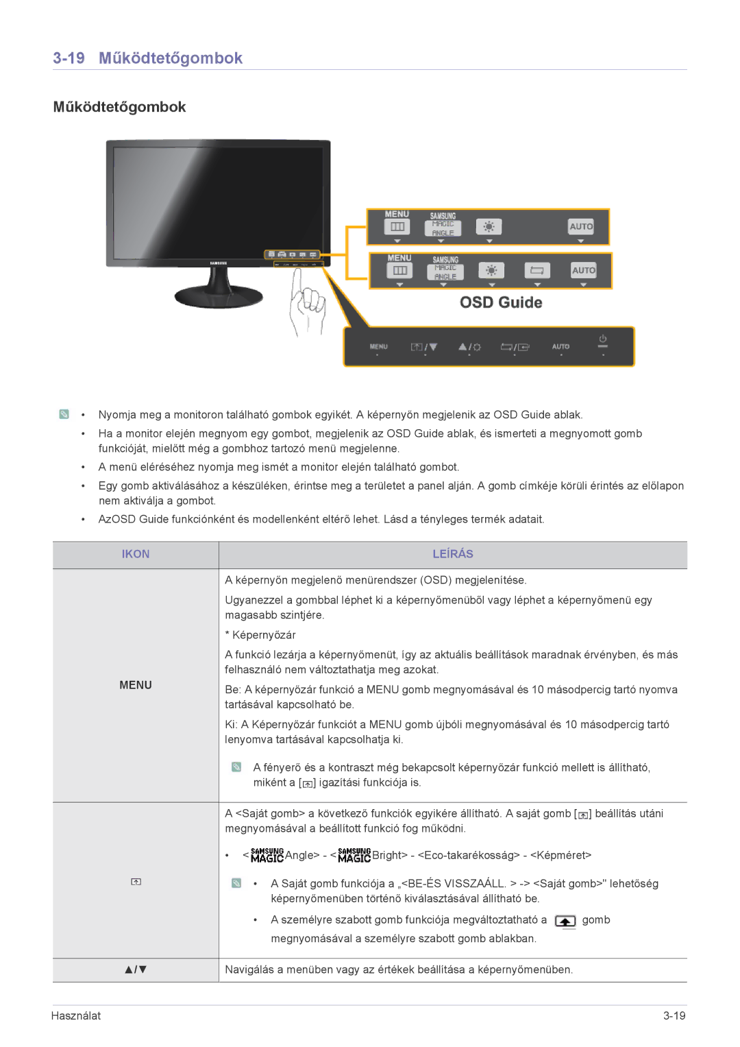 Samsung LS23B300BS/EN, LS22B300HS/EN, LS19B300NS/EN, LS22B300BS/EN, LS23B300HS/EN manual 19 Működtetőgombok, Ikon Leírás 