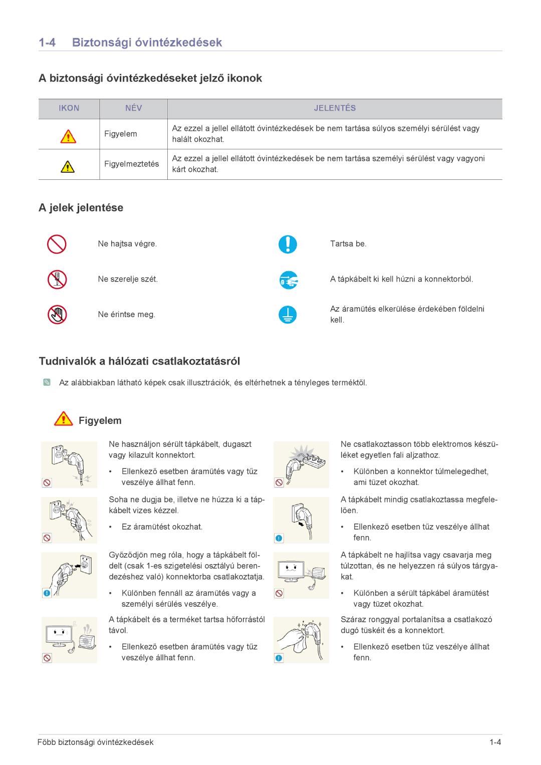 Samsung LS24B300BL/EN, LS22B300HS/EN, LS23B300BS/EN, LS19B300NS/EN manual Biztonsági óvintézkedéseket jelző ikonok 