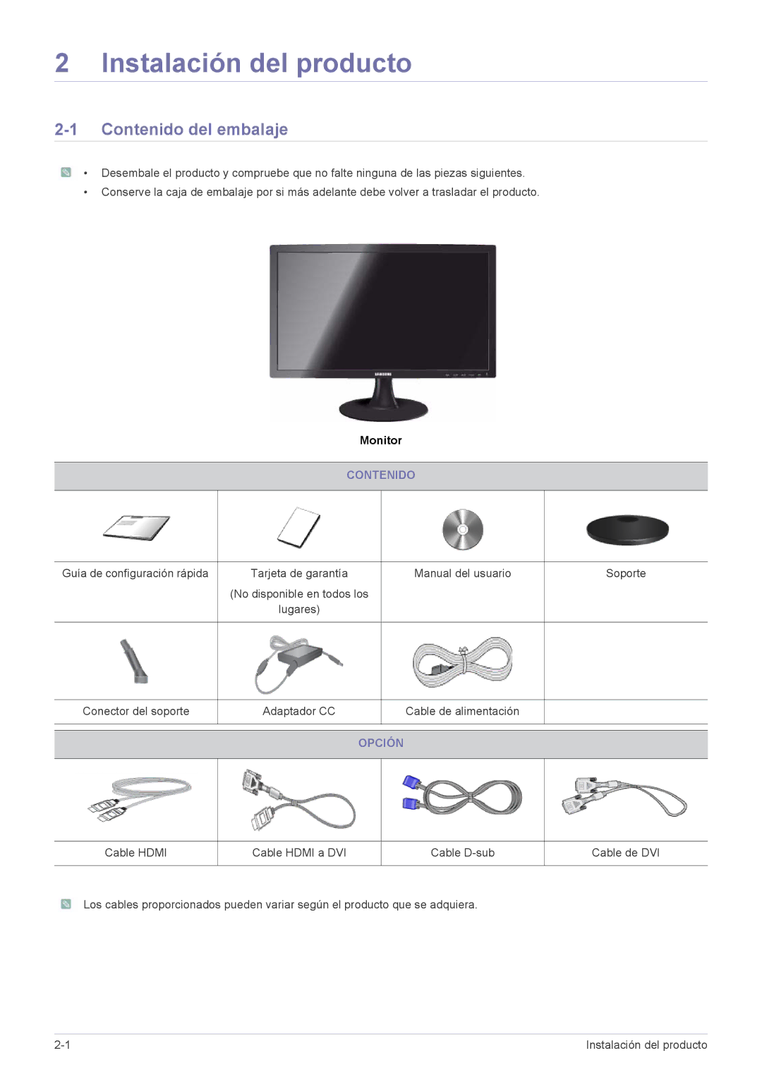 Samsung LS23B300HS/EN, LS22B300HS/EN, LS23B300BS/EN, LS19B300NS/EN, LS22B300BS/EN manual Contenido del embalaje, Opción 