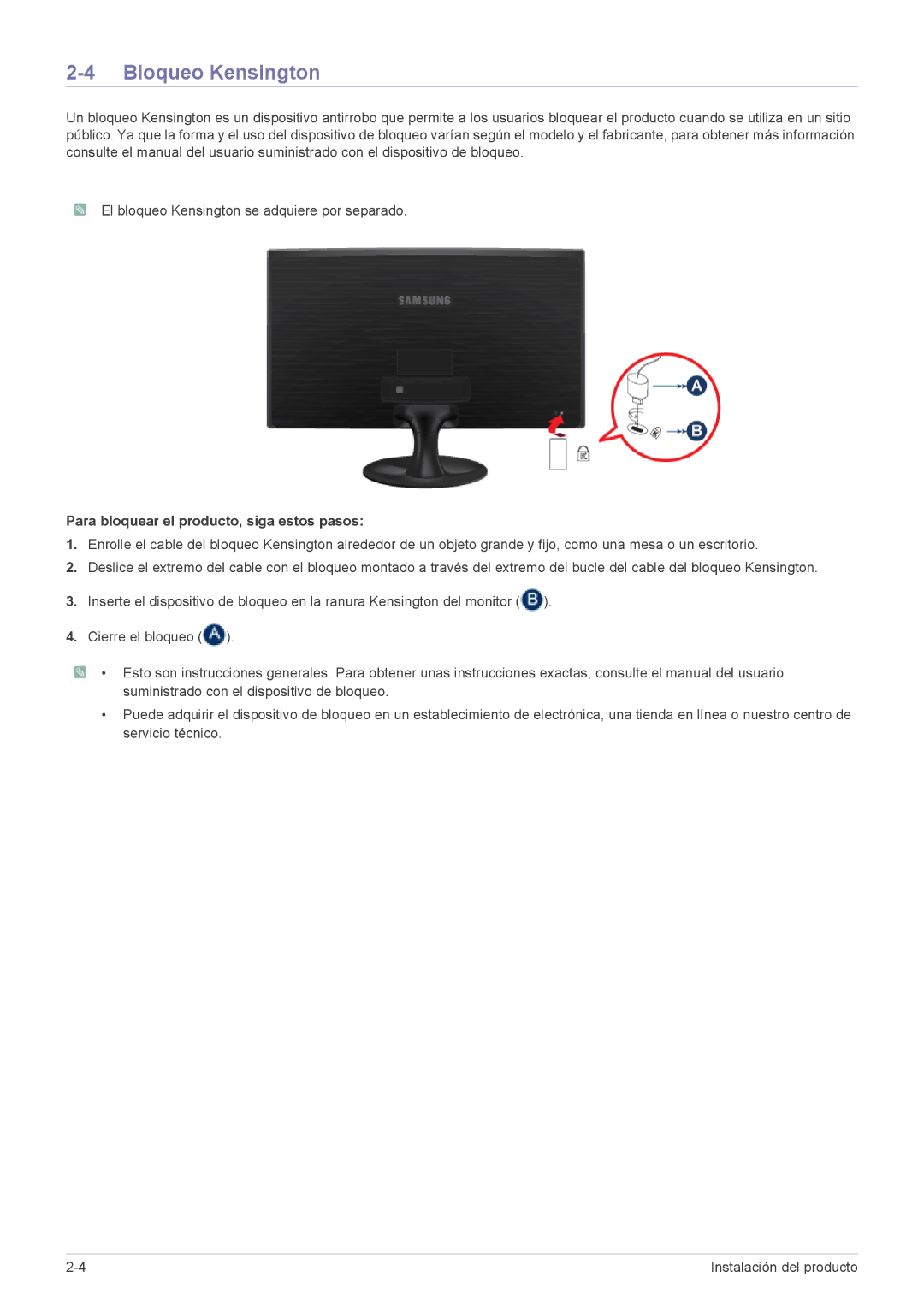 Samsung LS23B300BS/EN, LS22B300HS/EN, LS19B300NS/EN manual Bloqueo Kensington, Para bloquear el producto, siga estos pasos 