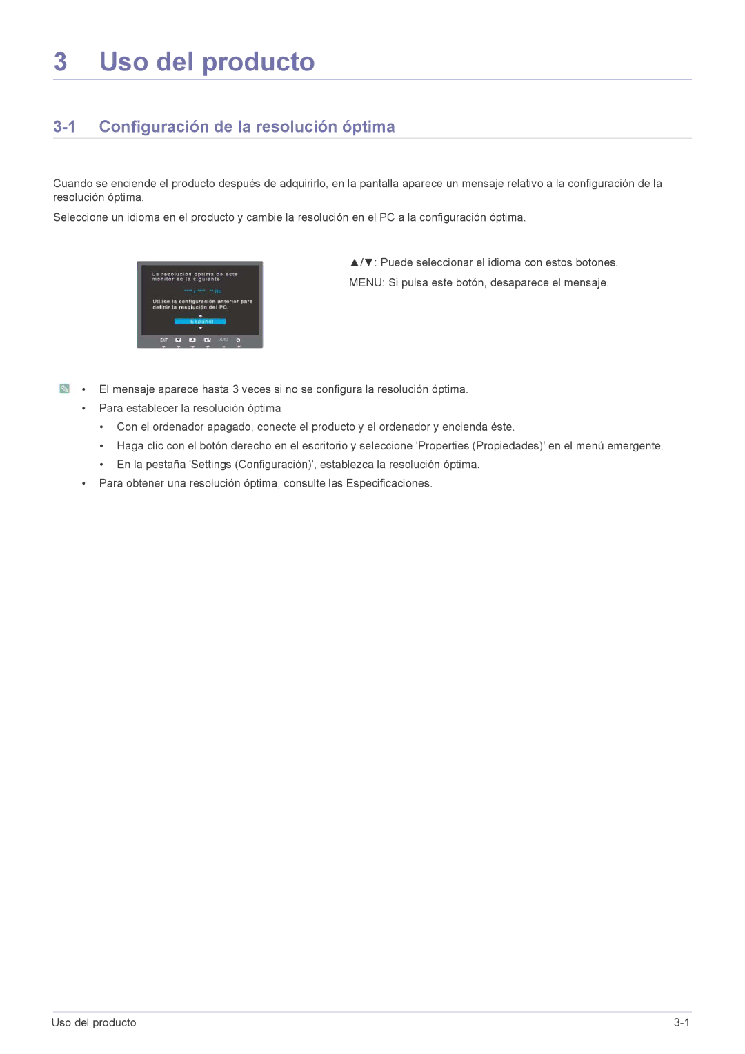 Samsung LS19B300NS/EN, LS22B300HS/EN, LS23B300BS/EN, LS22B300BS/EN Uso del producto, Configuración de la resolución óptima 