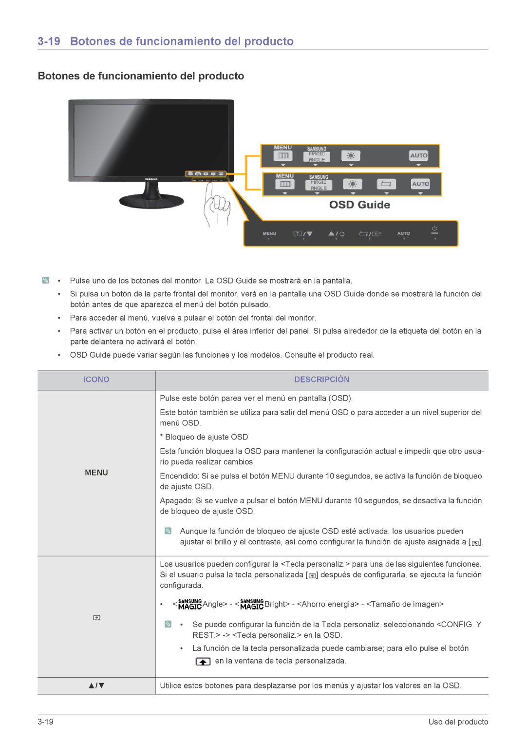 Samsung LS23B300HS/EN, LS22B300HS/EN, LS23B300BS/EN, LS19B300NS/EN Botones de funcionamiento del producto, Icono Descripción 