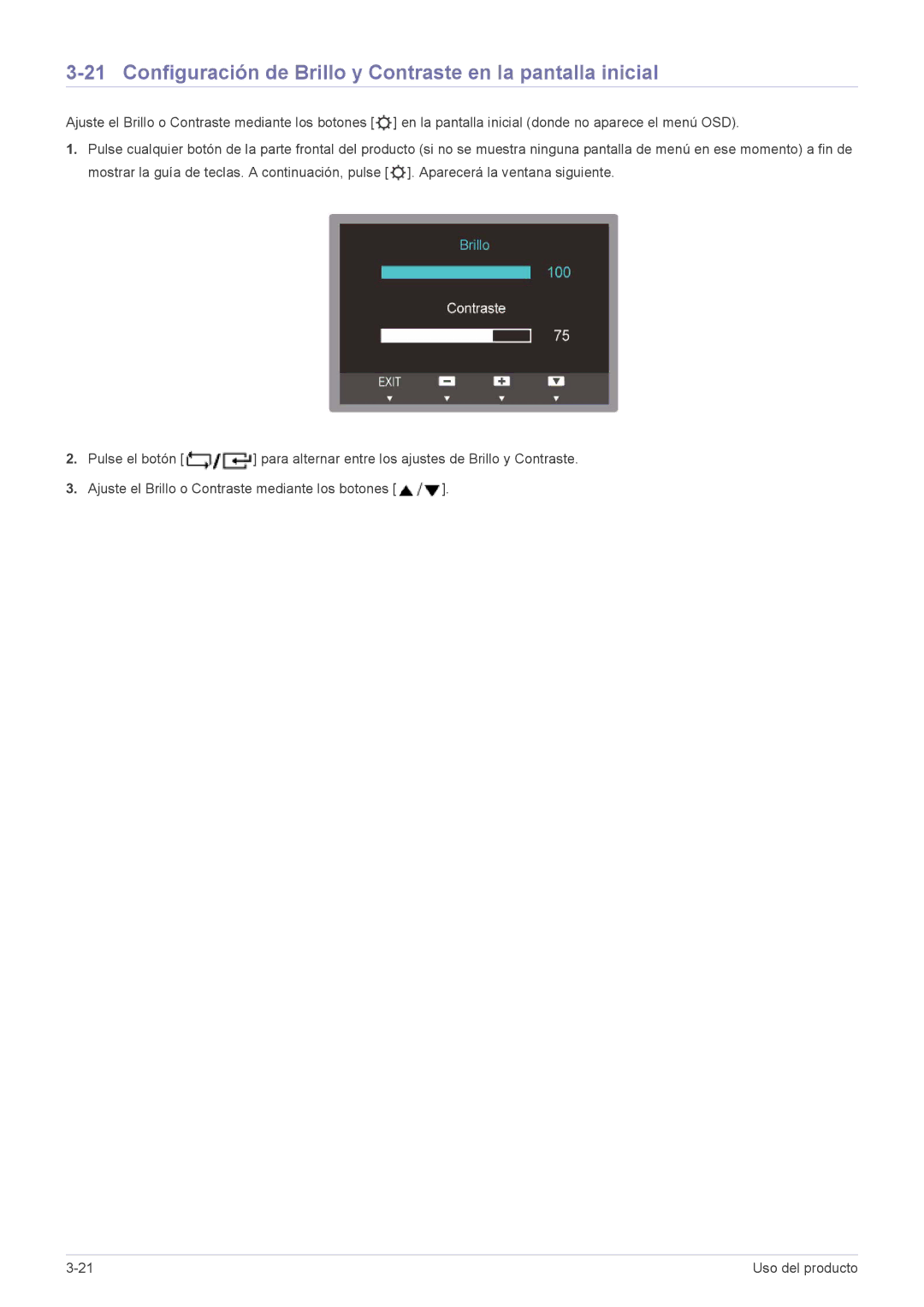 Samsung LS23B300NS/EN, LS22B300HS/EN, LS23B300BS/EN manual Configuración de Brillo y Contraste en la pantalla inicial 