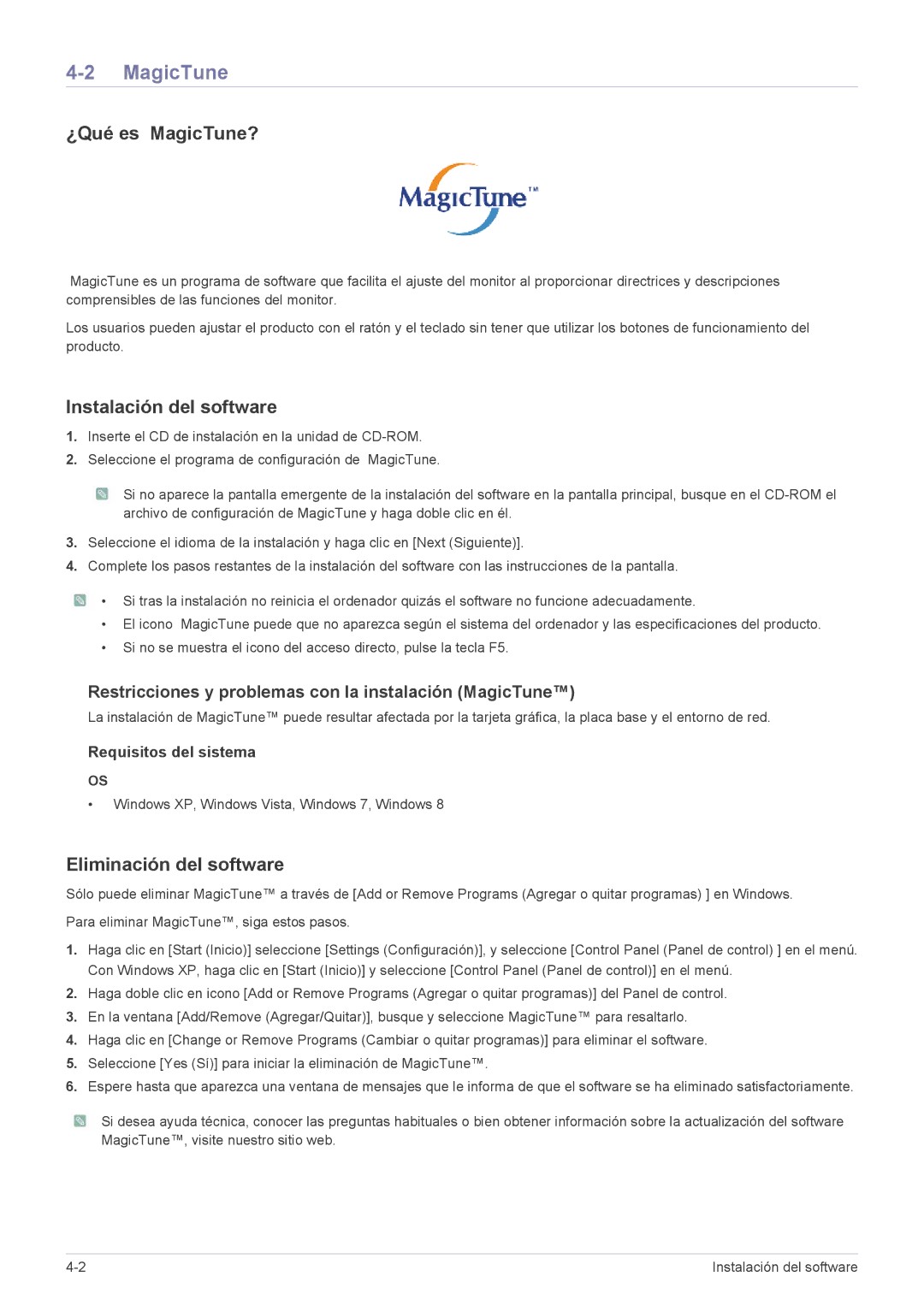 Samsung LS20B300NS/EN, LS22B300HS/EN manual ¿Qué es MagicTune?, Instalación del software, Eliminación del software 