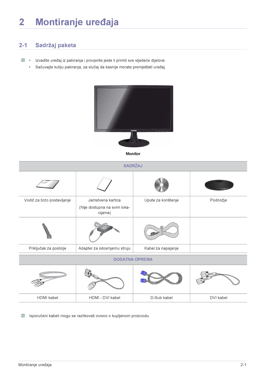 Samsung LS23B300BS/EN, LS22B300HS/EN, LS19B300NS/EN, LS22B300BS/EN, LS23B300HS/EN manual Sadržaj paketa, Dodatna Oprema 