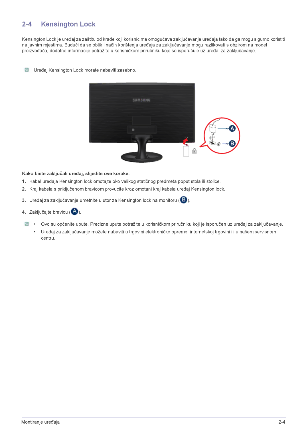 Samsung LS24B300HS/EN, LS22B300HS/EN, LS23B300BS/EN Kensington Lock, Kako biste zaključali uređaj, slijedite ove korake 