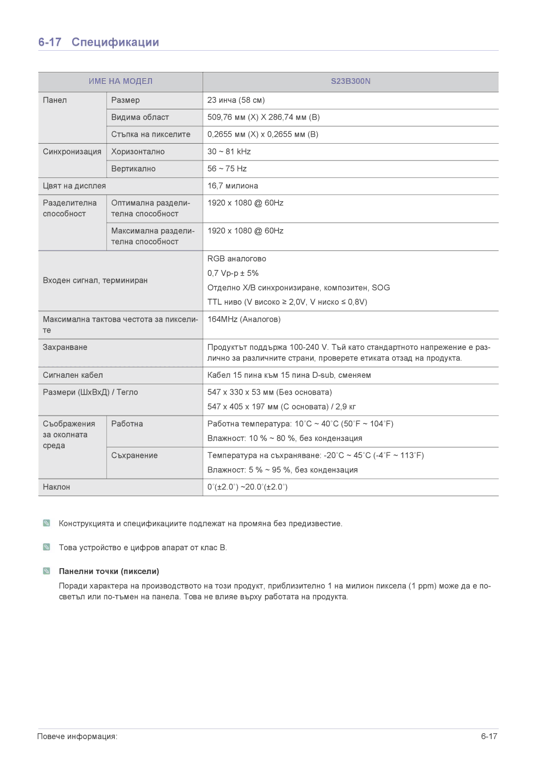 Samsung LS22B300NS/EN, LS22B300HS/EN, LS23B300BS/EN, LS19B300NS/EN, LS23B300HS/EN, LS23B300NS/EN manual 17 Спецификации 