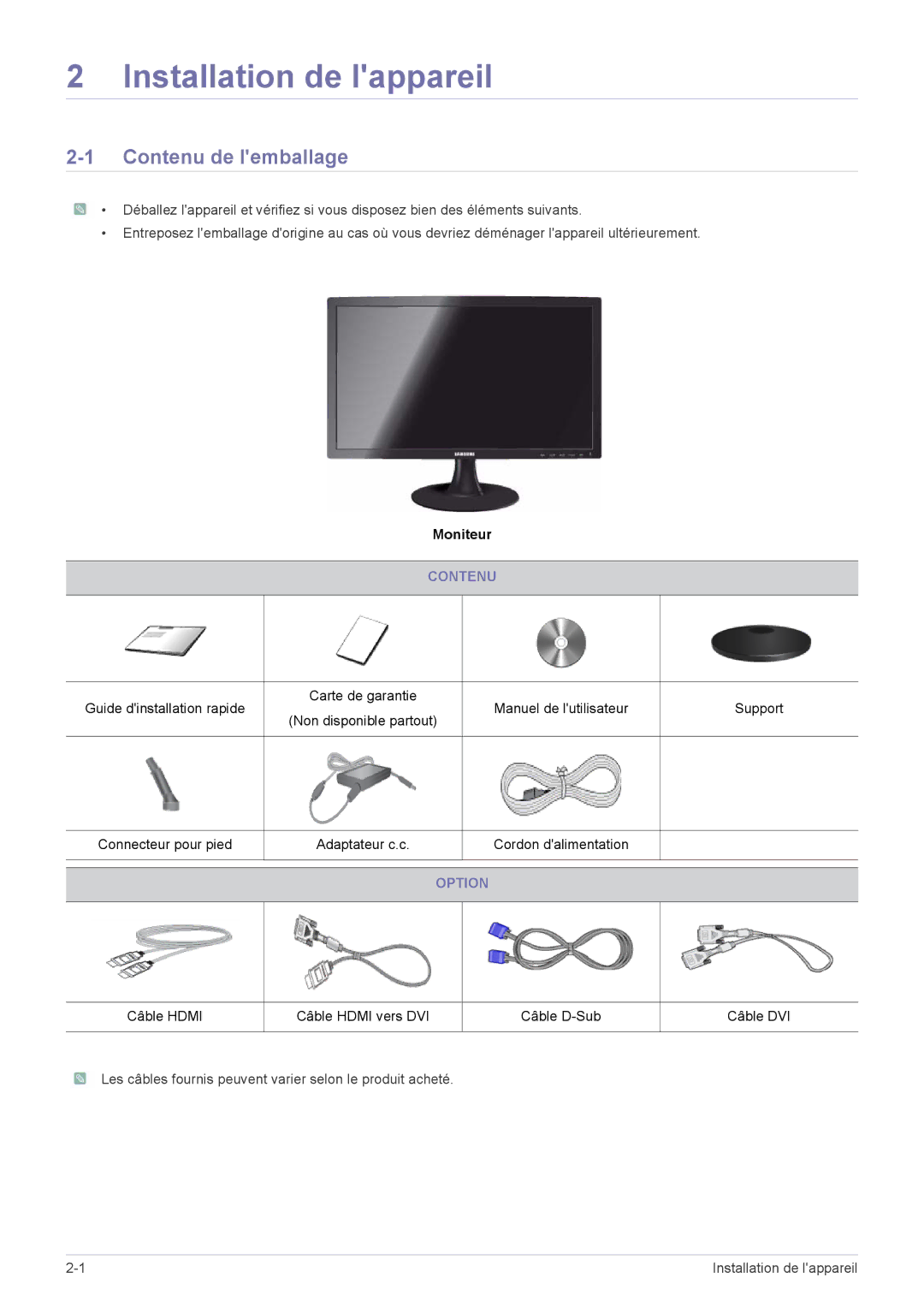 Samsung LS24B300BS/EN, LS22B300HS/EN, LS23B300BS/EN, LS24B300HLZ/EN, LS24B300BLZ/EN manual Contenu de lemballage, Option 