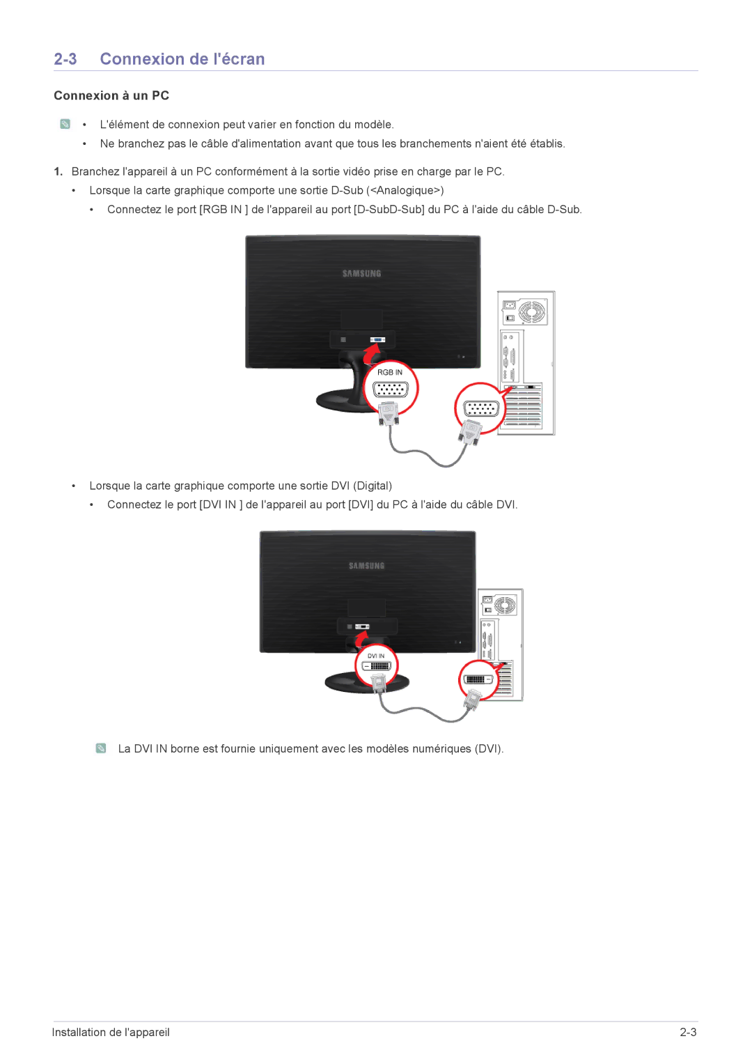 Samsung LS22B300HS/EN, LS23B300BS/EN, LS24B300HLZ/EN, LS24B300BLZ/EN, LS19B300NS/EN Connexion de lécran, Connexion à un PC 