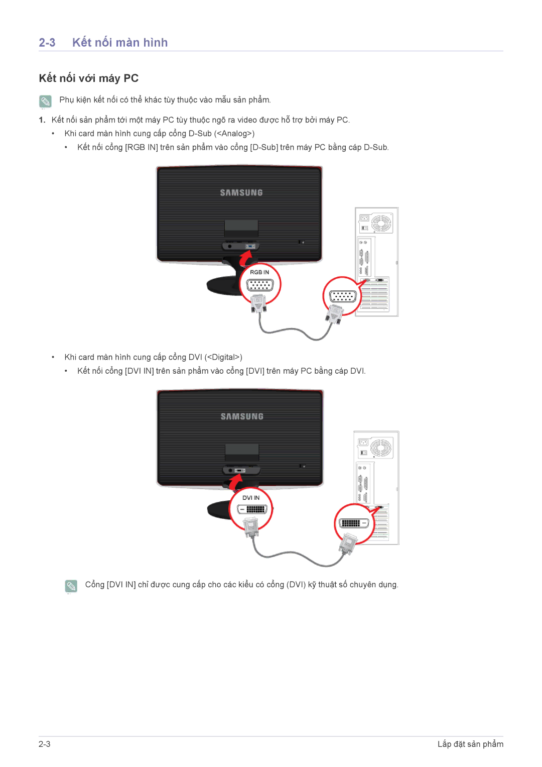 Samsung LS22B370BS/XM, LS22B370BSMXV, LS23B370BSMXV, LS20B370BSMXV, LS19B370BSMXV manual Kết nối màn hình, Kết nối với máy PC 