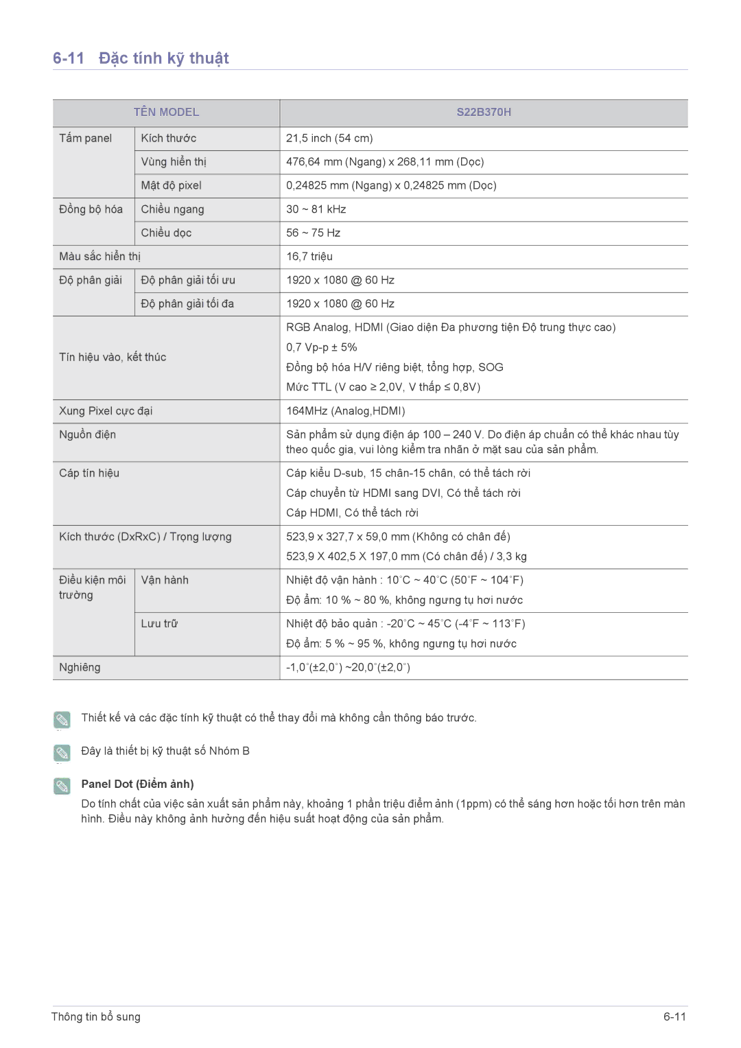 Samsung LS22B370BSMXV, LS22B370BS/XM, LS23B370BSMXV, LS20B370BSMXV, LS19B370BSMXV manual 11 Đặc tính kỹ thuật, S22B370H 