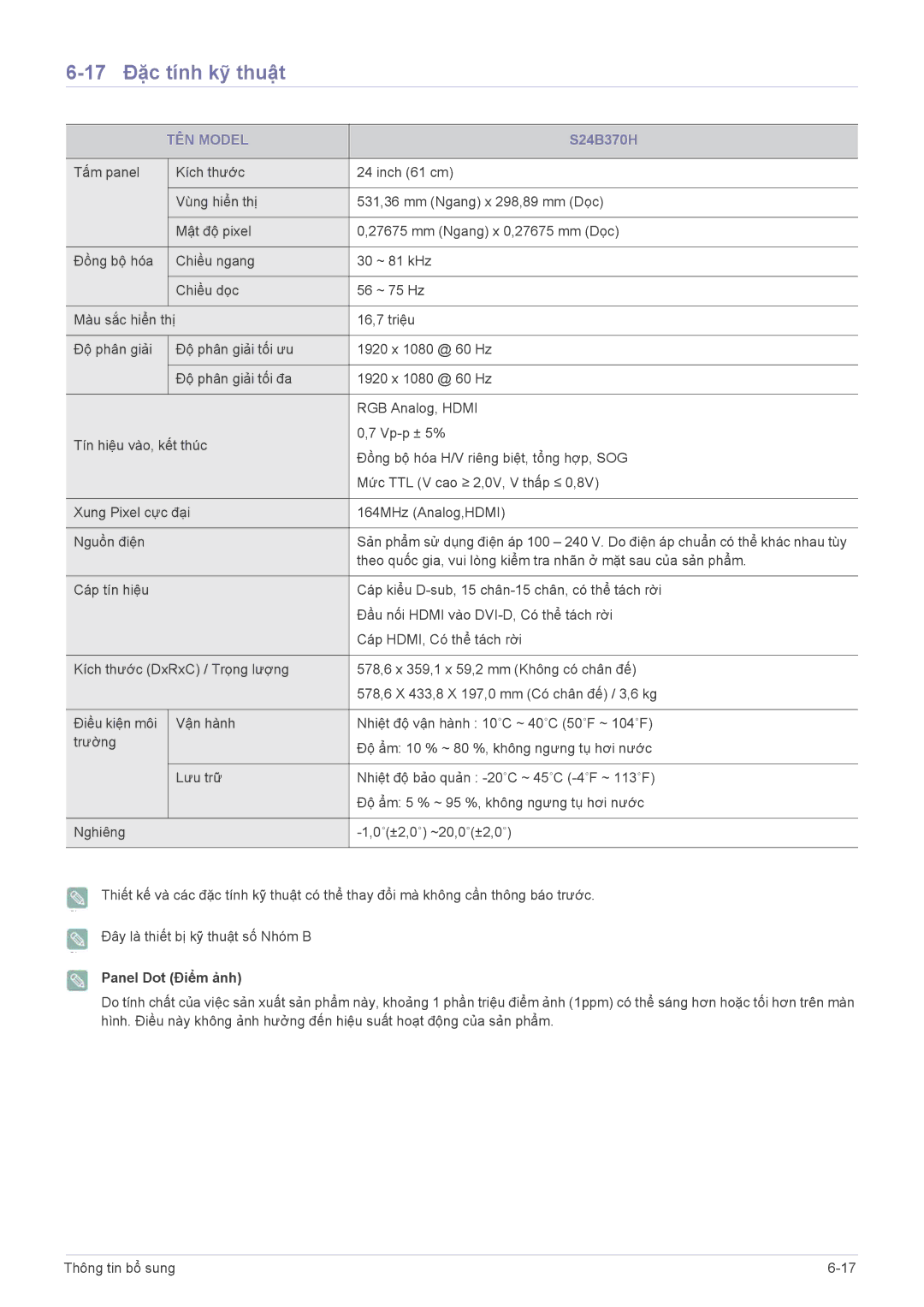 Samsung LS23B370BSMXV, LS22B370BS/XM, LS22B370BSMXV, LS20B370BSMXV, LS19B370BSMXV manual 17 Đặc tính kỹ thuật, S24B370H 