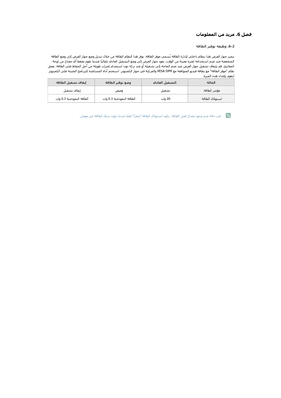 Samsung LS23B370HSJ/ZN, LS22B370HS/SM manual ﺔﻗﺎﻄﻟا ﺮﻴﻓﻮﺗ ﺔﻔﻴﻇو, ﺔﻗﺎﻄﻟا ﻞﻴﻐﺸﺗ فﺎﻘﻳإ ﺔﻗﺎﻄﻟا ﺮﻴﻓﻮﺗ ﻊﺿو يدﺎﻌﻟا ﻞﻴﻐﺸﺘﻟا ﺔﻟﺎﺤﻟا 