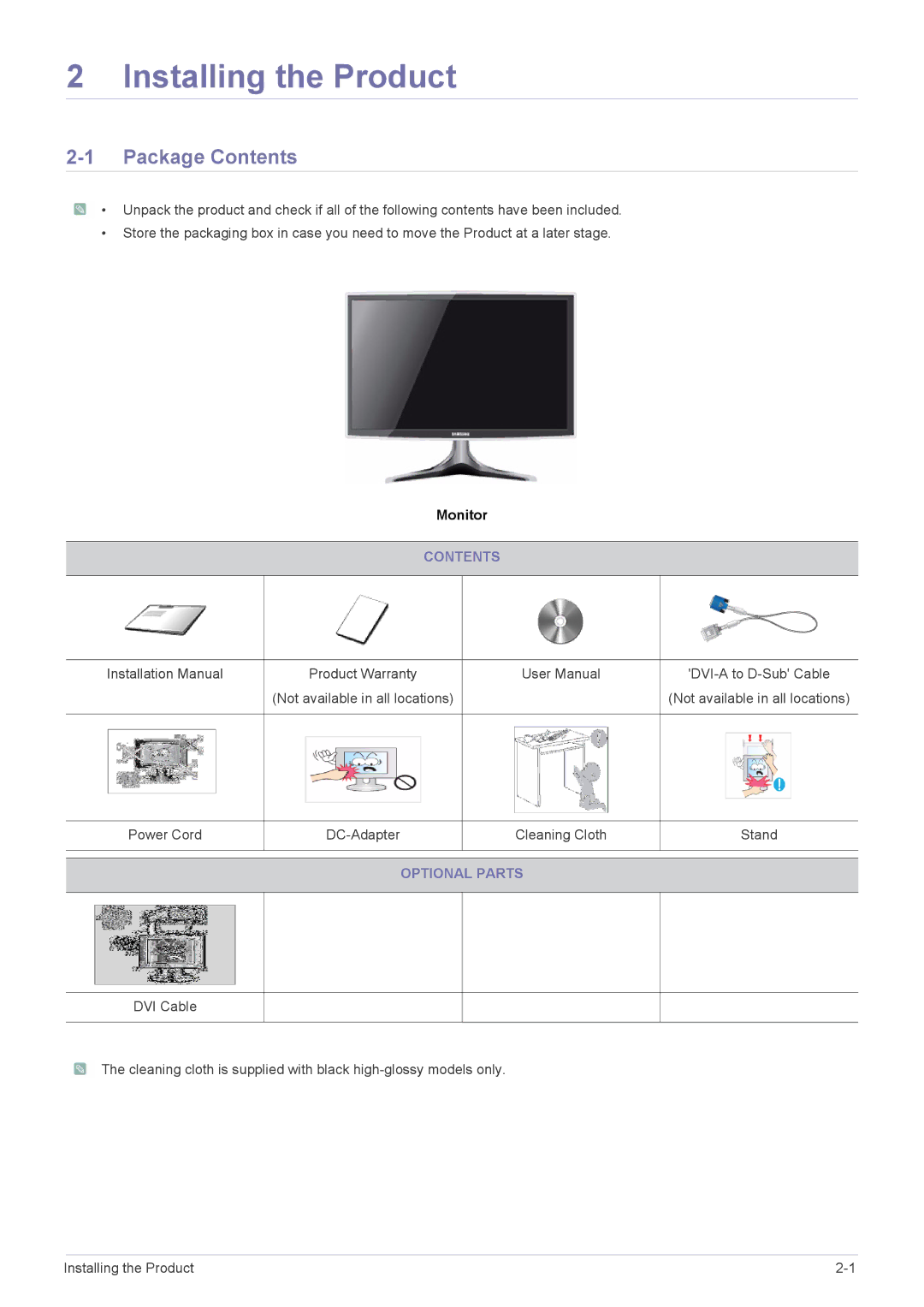 Samsung LS23B3UVMV/CH, LS22B3UVMN/EN, LS20B3UVMN/EN, LS22B3UVME/EN, LS23B3UVMN/EN Installing the Product, Package Contents 