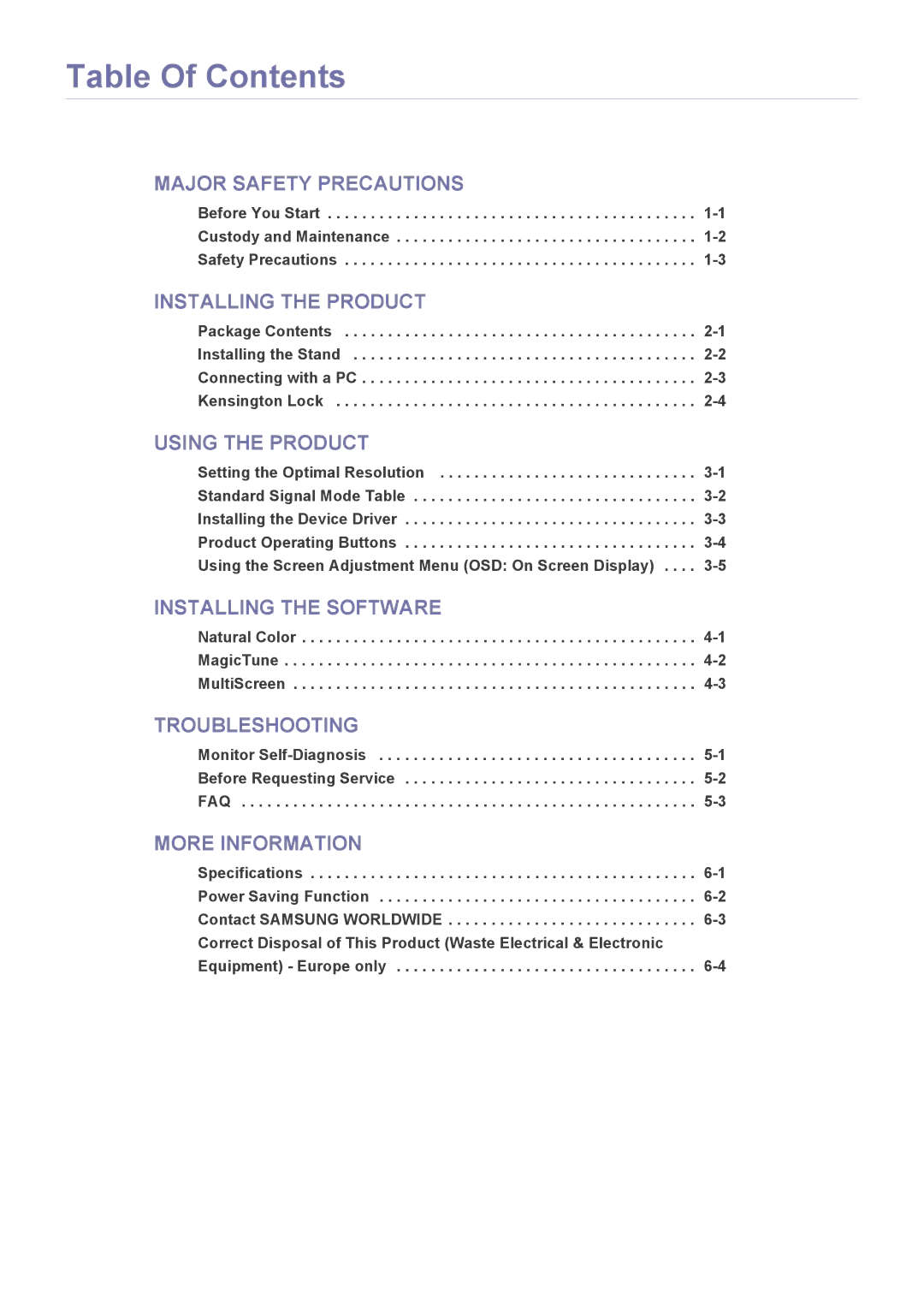 Samsung LS22B3UVME/EN, LS22B3UVMN/EN, LS20B3UVMN/EN, LS23B3UVMN/EN, LS20B3UVMV/ZA, LS23B3UVMV/ZA manual Table Of Contents 