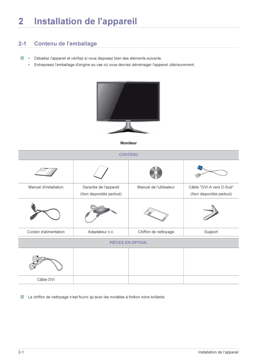 Samsung LS22B3UVMN/EN, LS20B3UVMN/EN Installation de lappareil, Contenu de lemballage, Adaptateur c.c, Pièces EN Option 