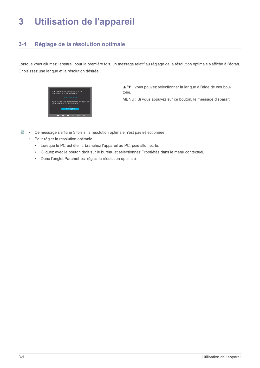 Samsung LS22B3UVMN/EN, LS20B3UVMN/EN, LS22B3UVME/EN manual Utilisation de lappareil, Réglage de la résolution optimale 