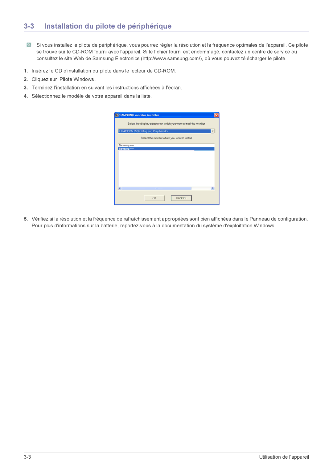 Samsung LS22B3UVMN/EN, LS20B3UVMN/EN, LS22B3UVME/EN, LS23B3UVMN/EN manual Installation du pilote de périphérique 