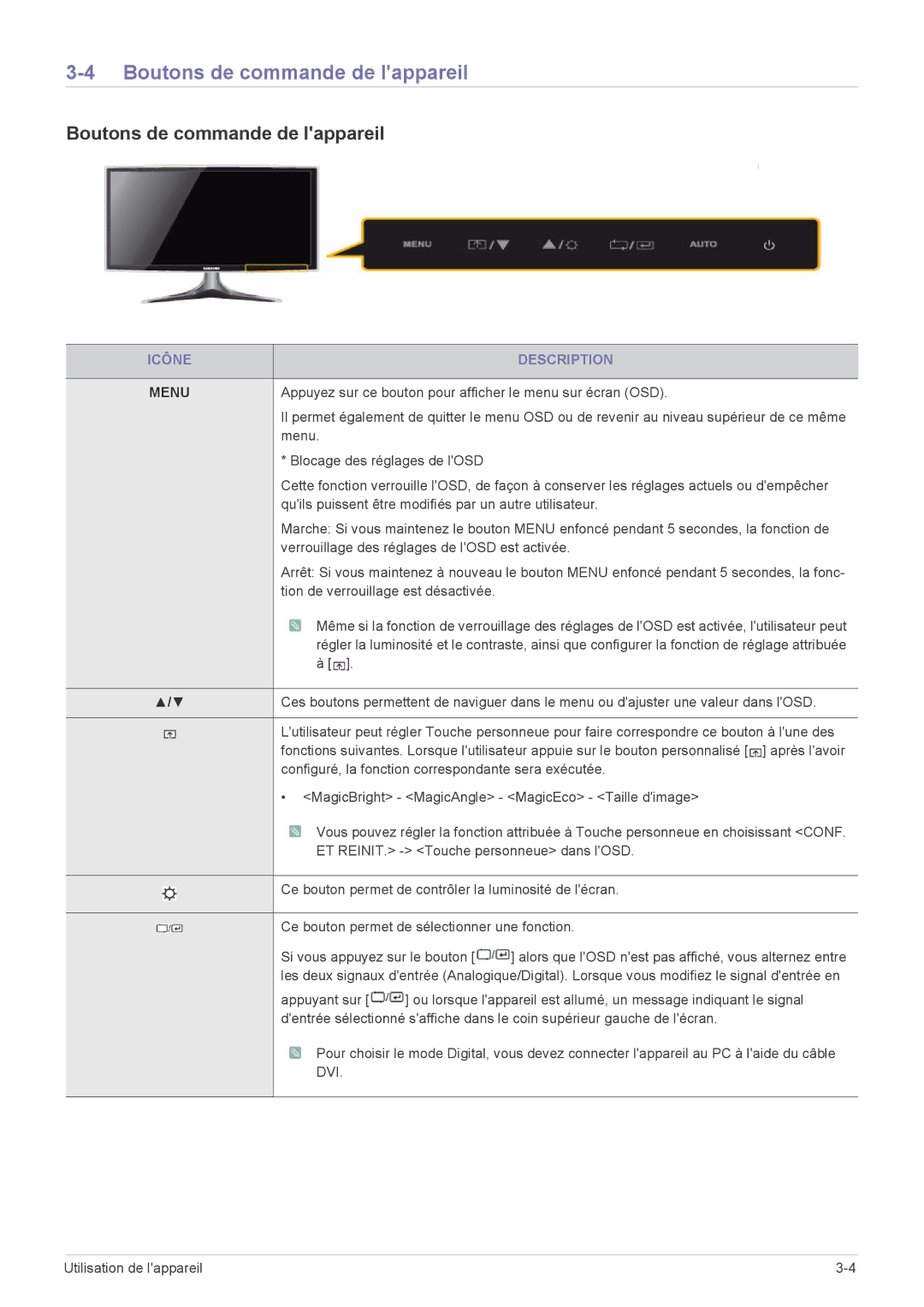 Samsung LS20B3UVMN/EN, LS22B3UVMN/EN, LS22B3UVME/EN, LS23B3UVMN/EN manual Boutons de commande de lappareil, Icône Description 